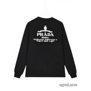 PRADA前後定番ジャカード高密度刺繍カバーヘッド丸首長袖Tシャツ