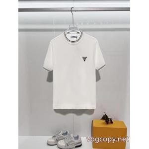 PRADA/ラダのアルファベットの色織トリコロールニットクルーネック半袖Tシャツ