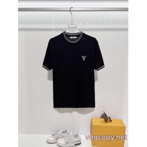 PRADA/ラダのアルファベットの色織トリコロールニットクルーネック半袖Tシャツ