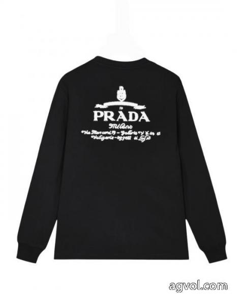 PRADA前後定番ジャカード高密度刺繍カバーヘッド丸首長袖Tシャツ 3